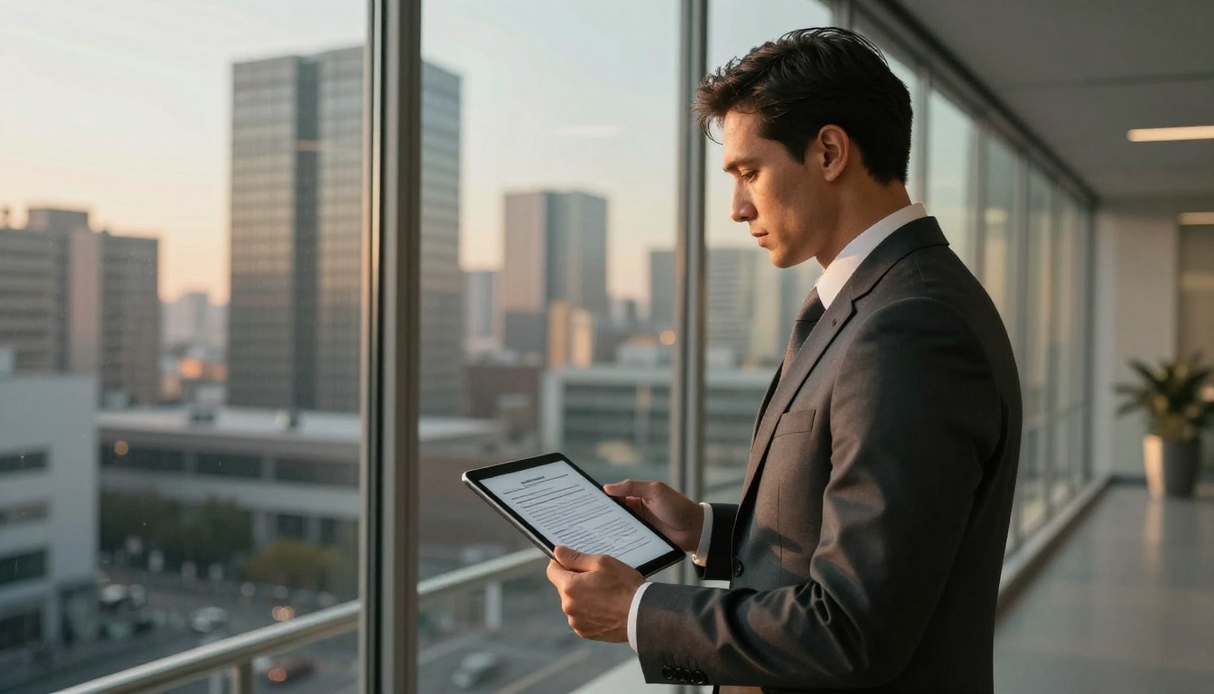 Mortgage broker in a charcoal suit standing near glass office wall holding a tablet with a flipbook