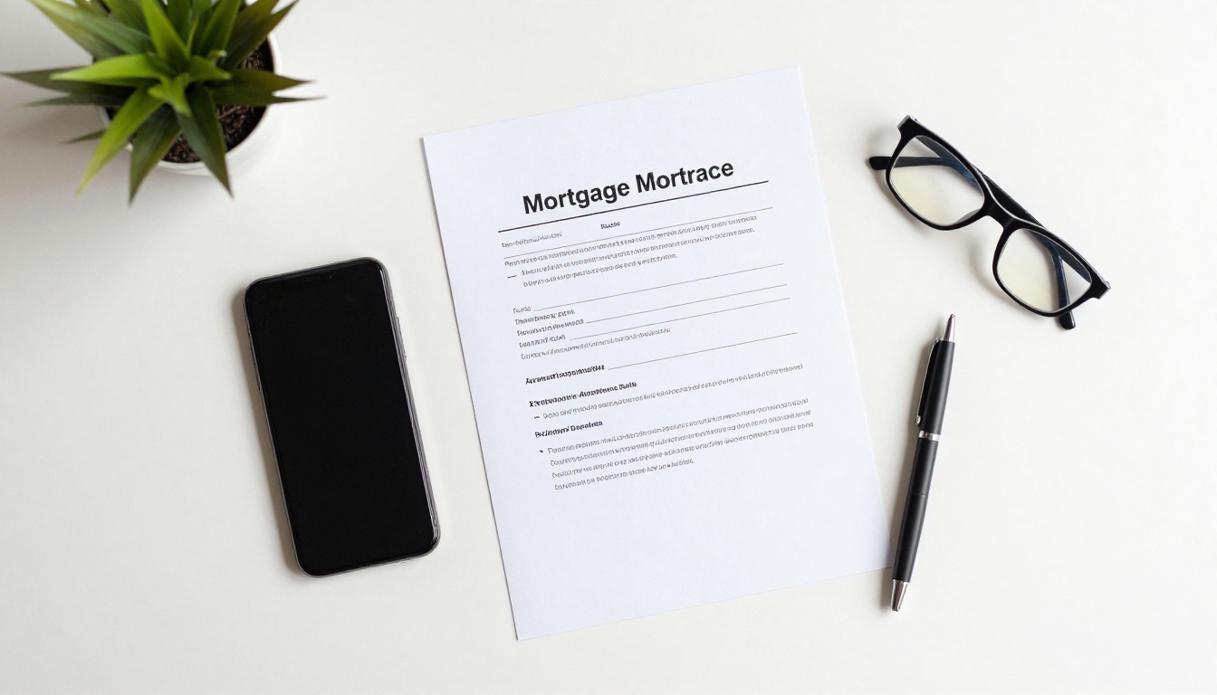 Overhead flat lay of a desk with mortgage documents, a smartphone, pen, and reading glasses