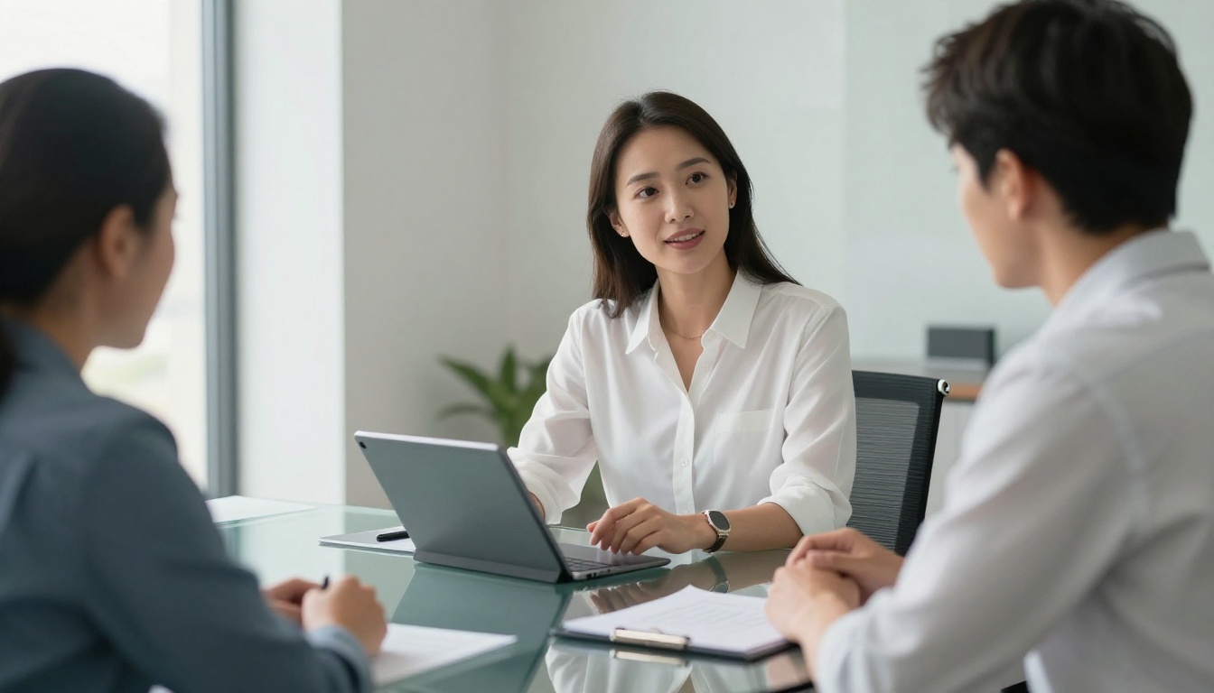 Female real estate agent showing a flipbook on her tablet to a client in a conference room