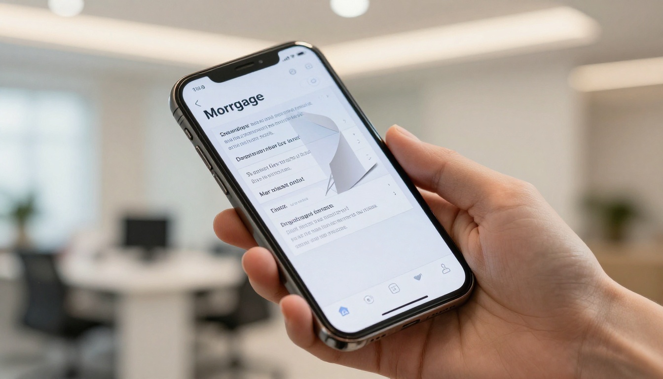 Smartphone held in hand displaying a mortgage document flipbook with page-turn effect