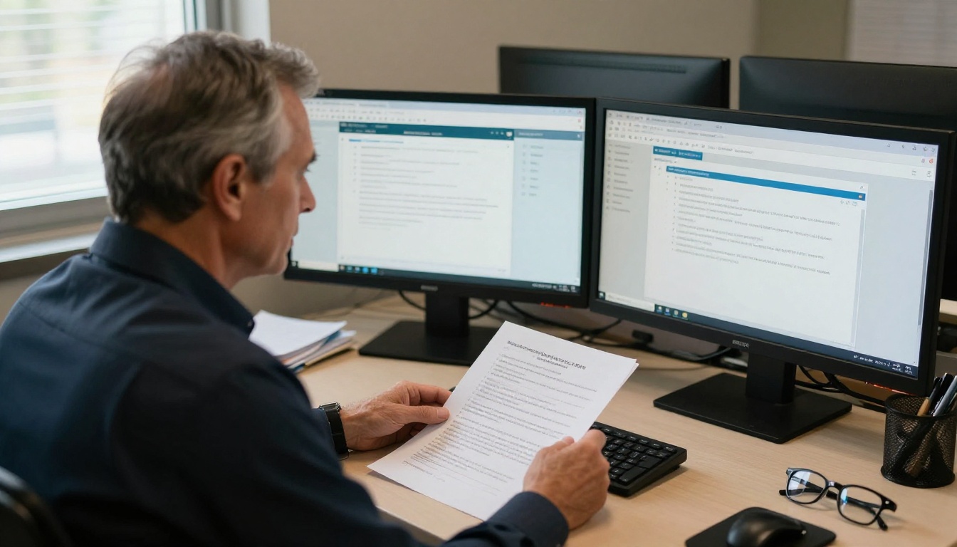 Loan officer reviewing documents at his desk with two monitors showing client communications