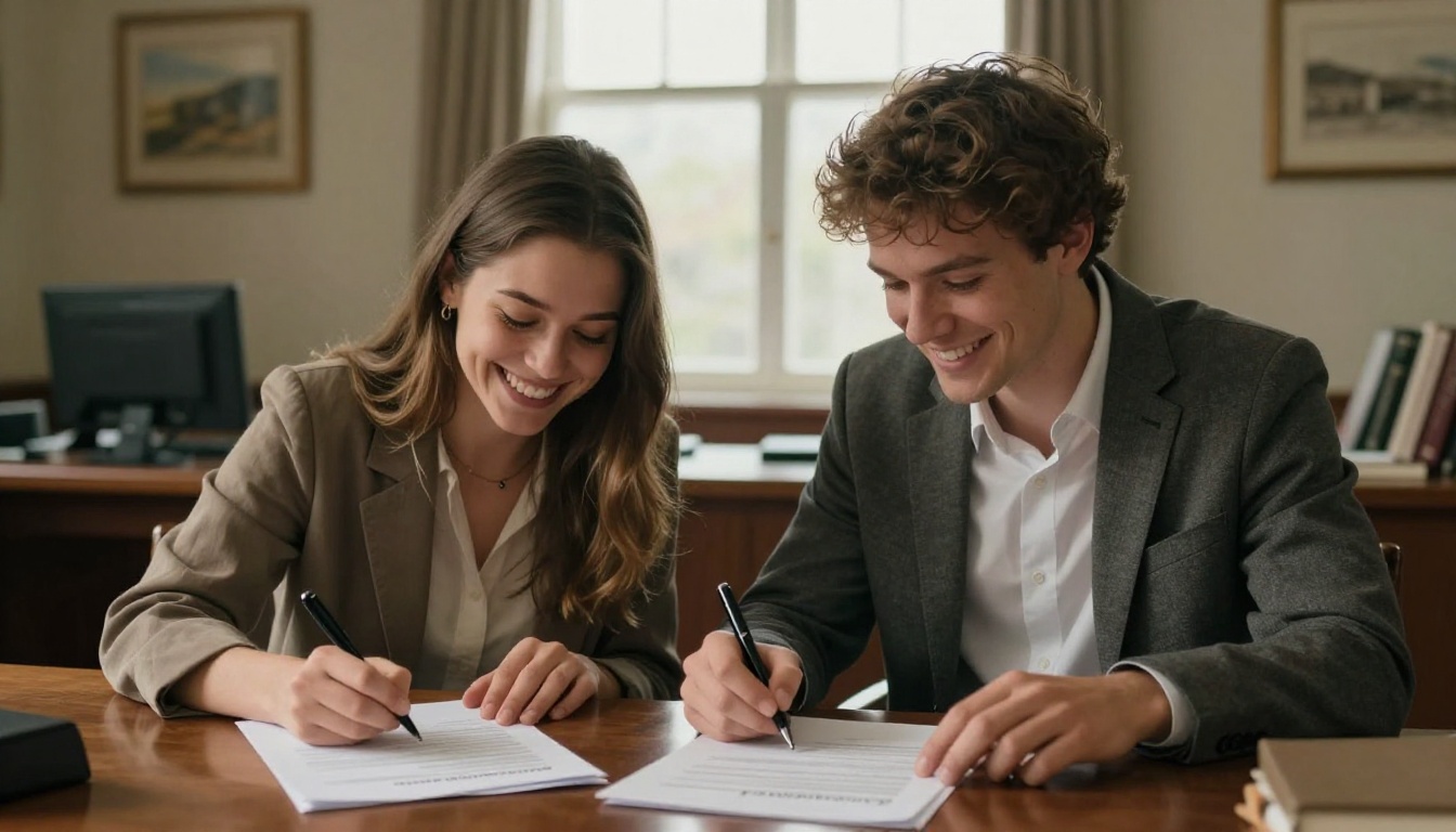Young couple smiling and signing mortgage closing documents with their agent