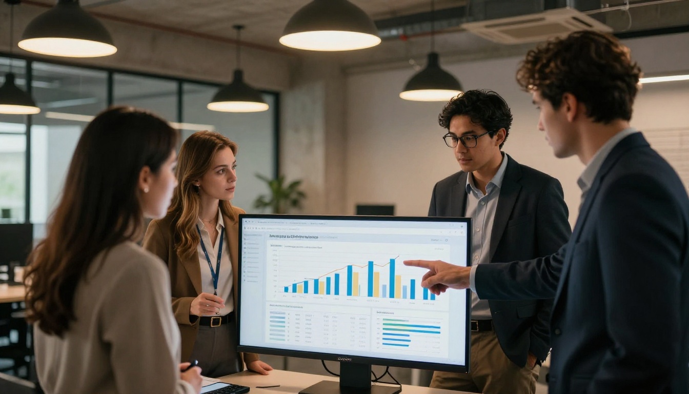Diverse tax firm team reviewing annual report flipbook on large monitor