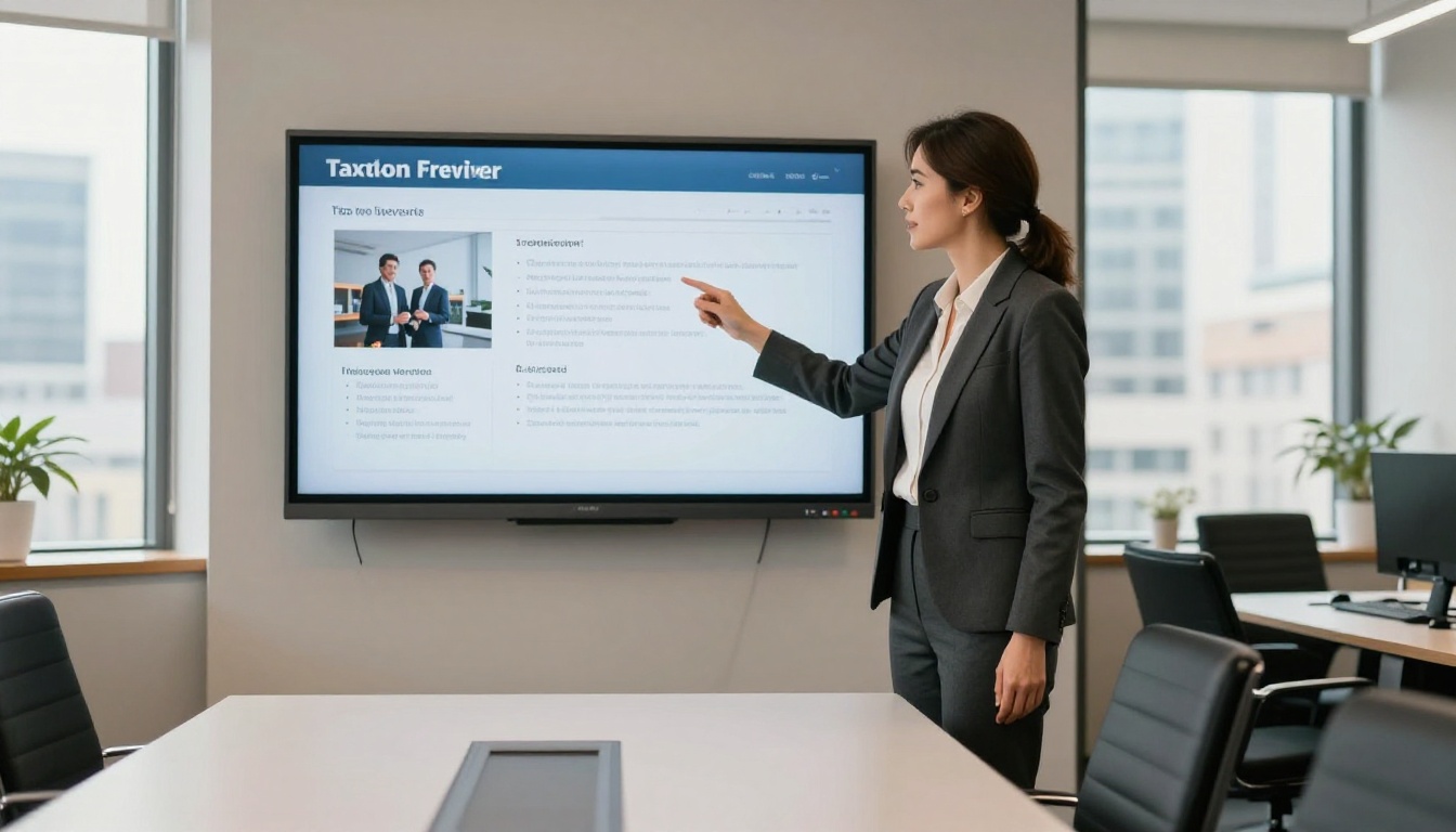 Professional woman tax consultant presenting digital service brochure to meeting room