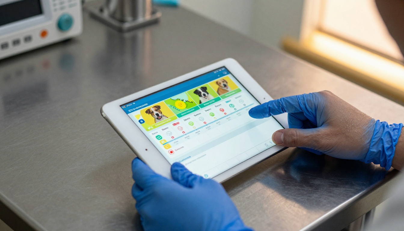 Veterinarian showing pet owners a digital flipbook on a tablet during a consultation
