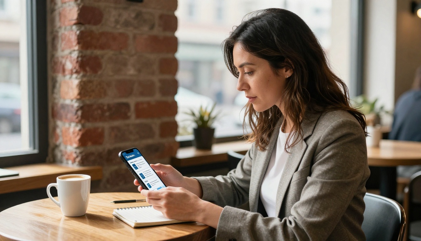 Small business owner reviewing tax firm flipbook on smartphone in coffee shop
