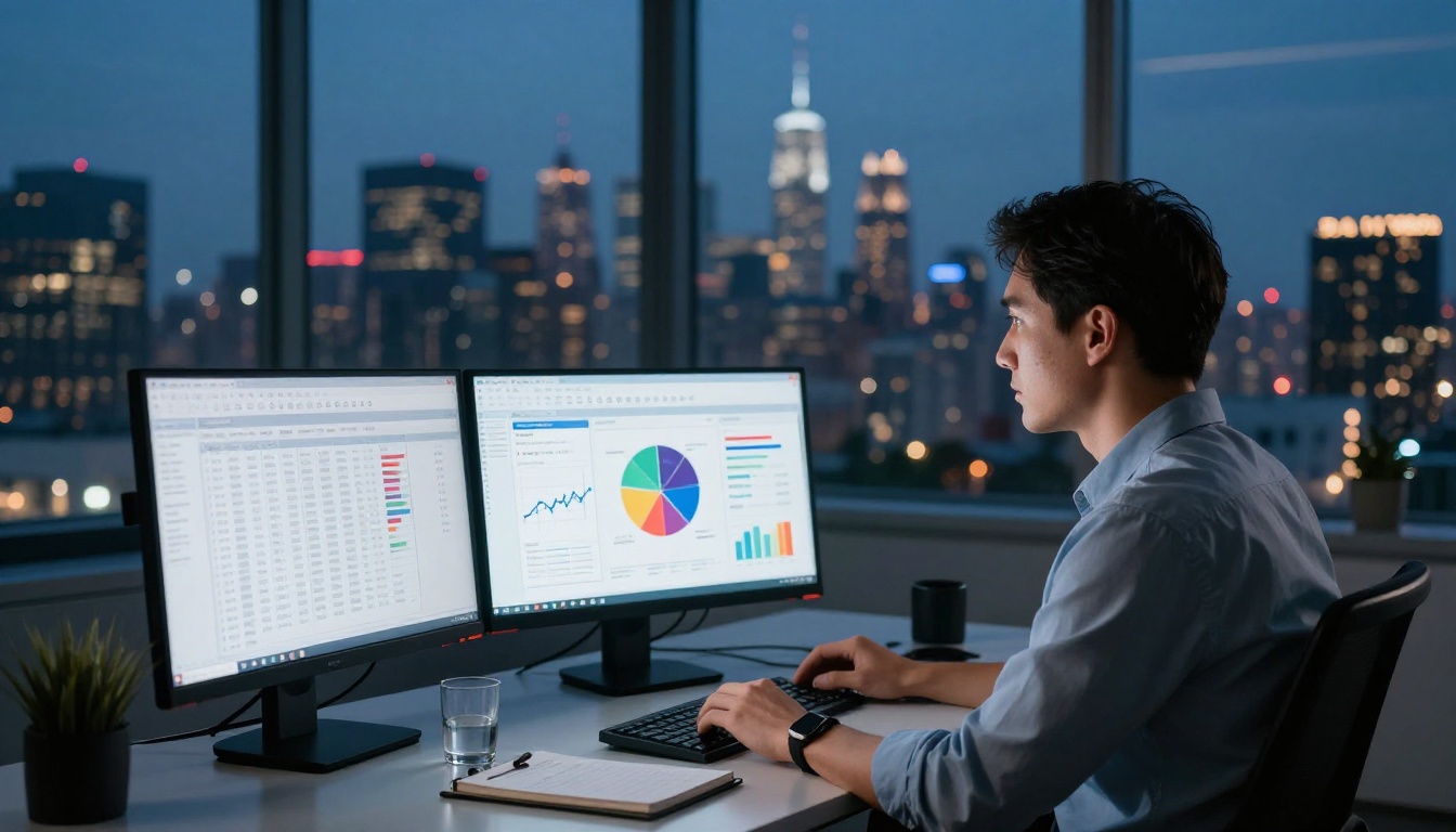 Male accountant at standing desk with dual monitors showing financial flipbook at dusk