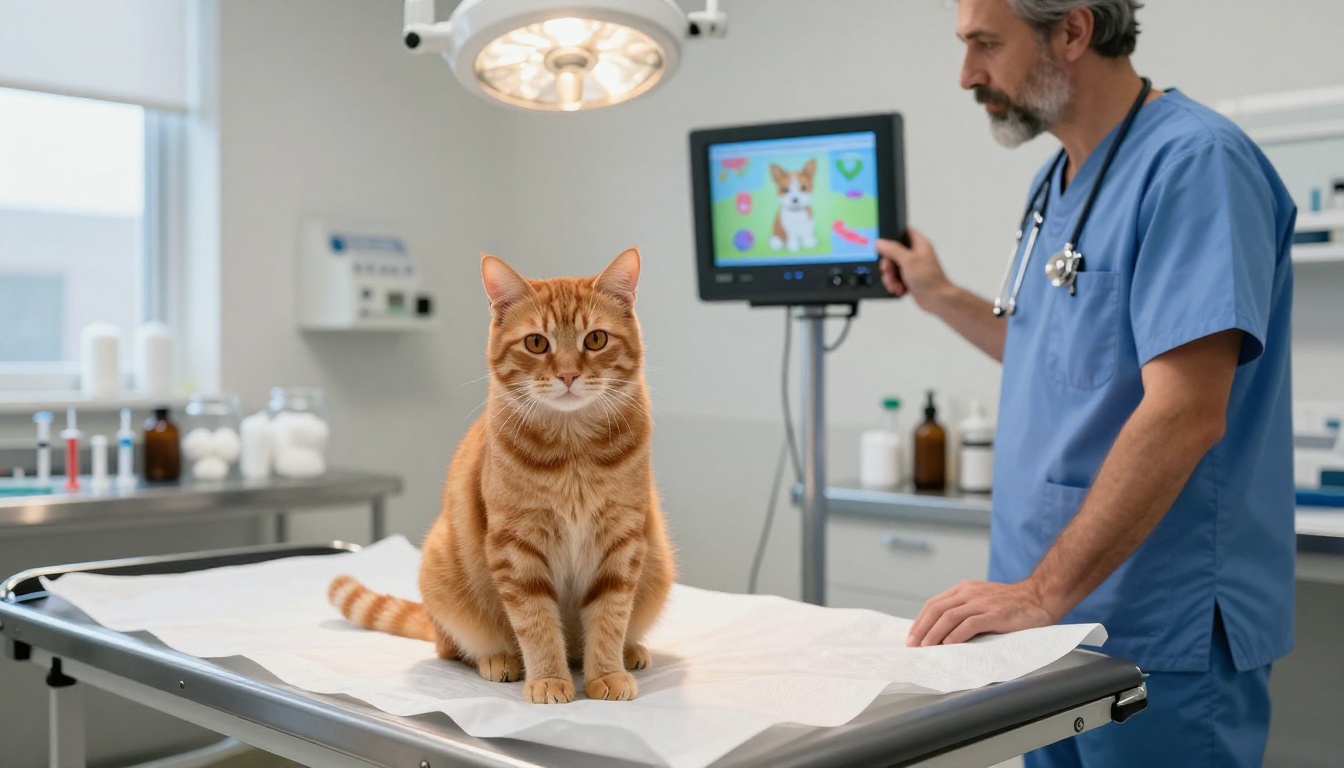 Orange tabby cat on examination table with veterinarian showing interactive pet health flipbook