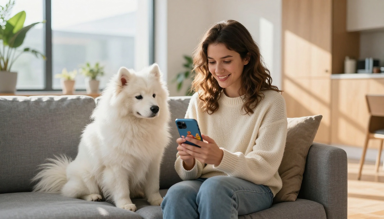 Pet owner scrolling through digital pet care flipbook on smartphone beside her Samoyed dog