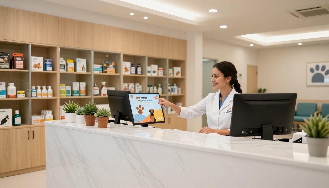 Modern veterinary clinic reception desk with digital display showing a welcome pet flipbook