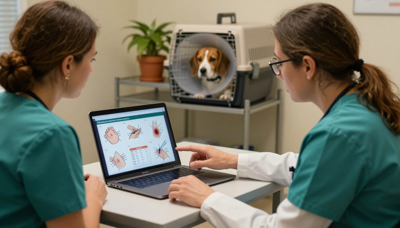 Veterinarian explaining post-surgery aftercare flipbook to concerned pet owner on laptop