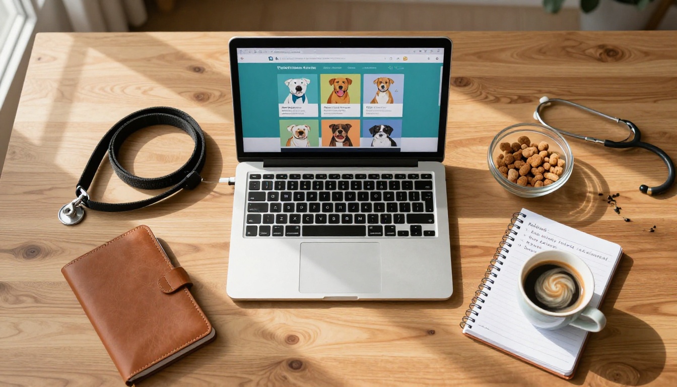 Top-down flat lay of desk with laptop showing veterinary flipbook, dog leash, stethoscope and coffee Top-down flat lay of desk with laptop showing veterinary flipbook, dog leash, stethoscope and coffee