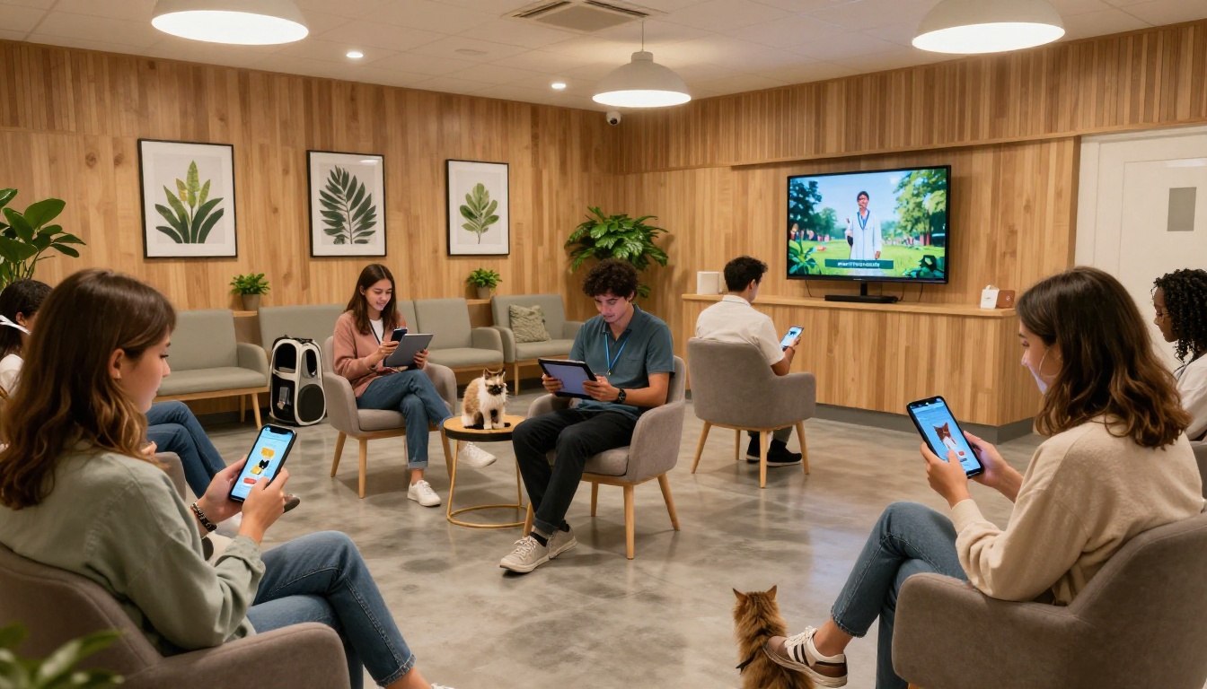 Modern veterinary waiting room with diverse pet owners reading on smartphones and tablets Modern veterinary waiting room with diverse pet owners reading on smartphones and tablets