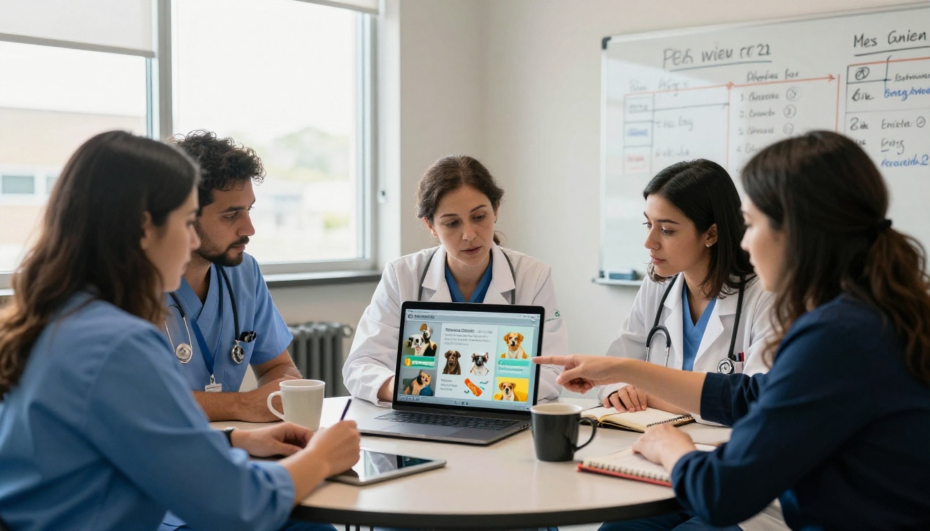 Veterinary team reviewing digital client education materials on a shared laptop in conference room Veterinary team reviewing digital client education materials on a shared laptop in conference room
