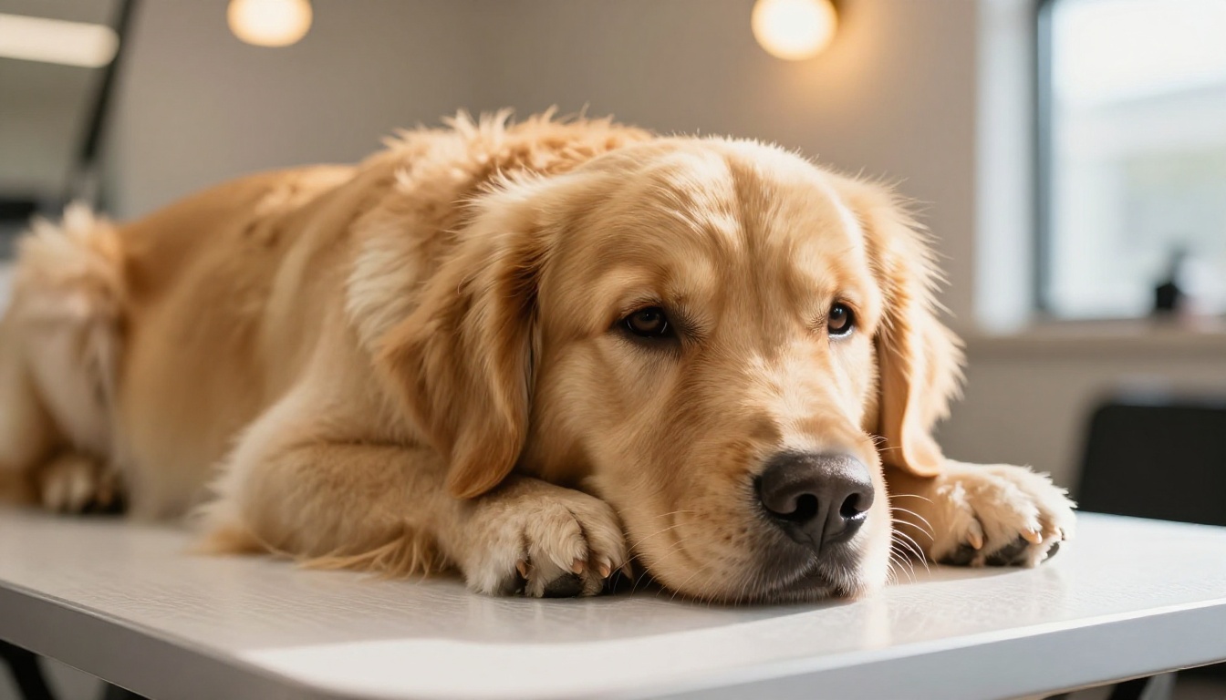 Close-up of a freshly groomed Golden Retriever paw on a white grooming table