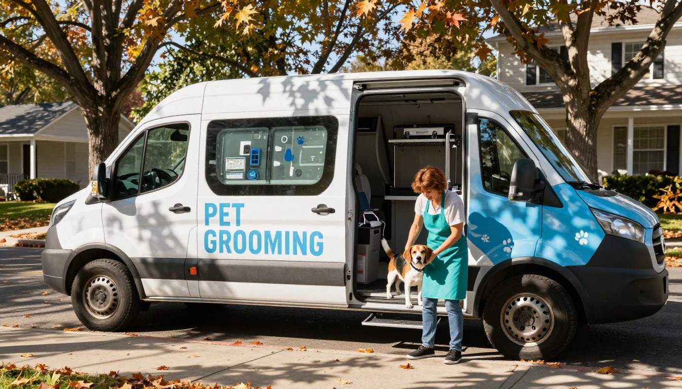 White and blue mobile pet grooming van parked on a suburban street with autumn trees White and blue mobile pet grooming van parked on a suburban street with autumn trees