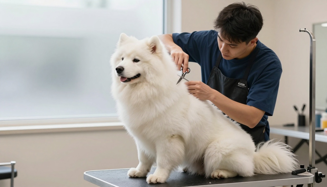 Skilled groomer styling a fluffy Samoyed at a grooming table