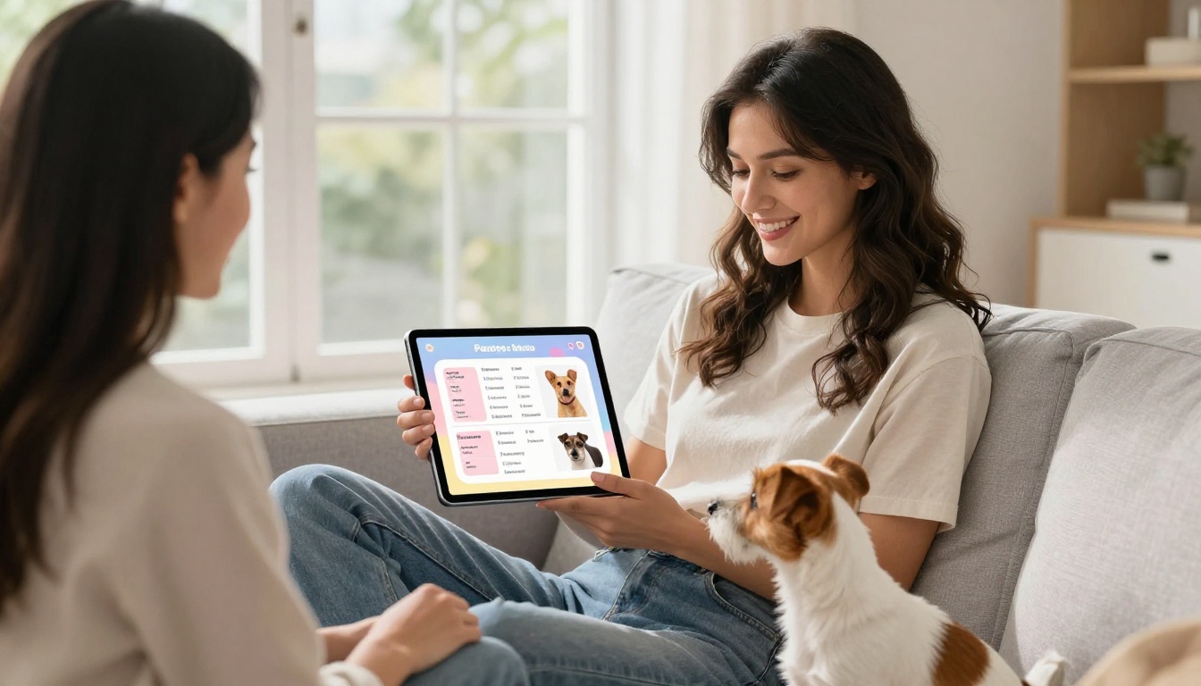 Pet owner browsing a grooming flipbook on her tablet at home