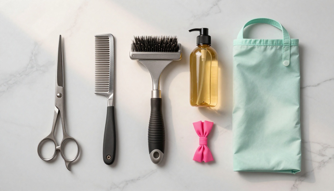 Professional grooming toolkit arranged on marble surface
