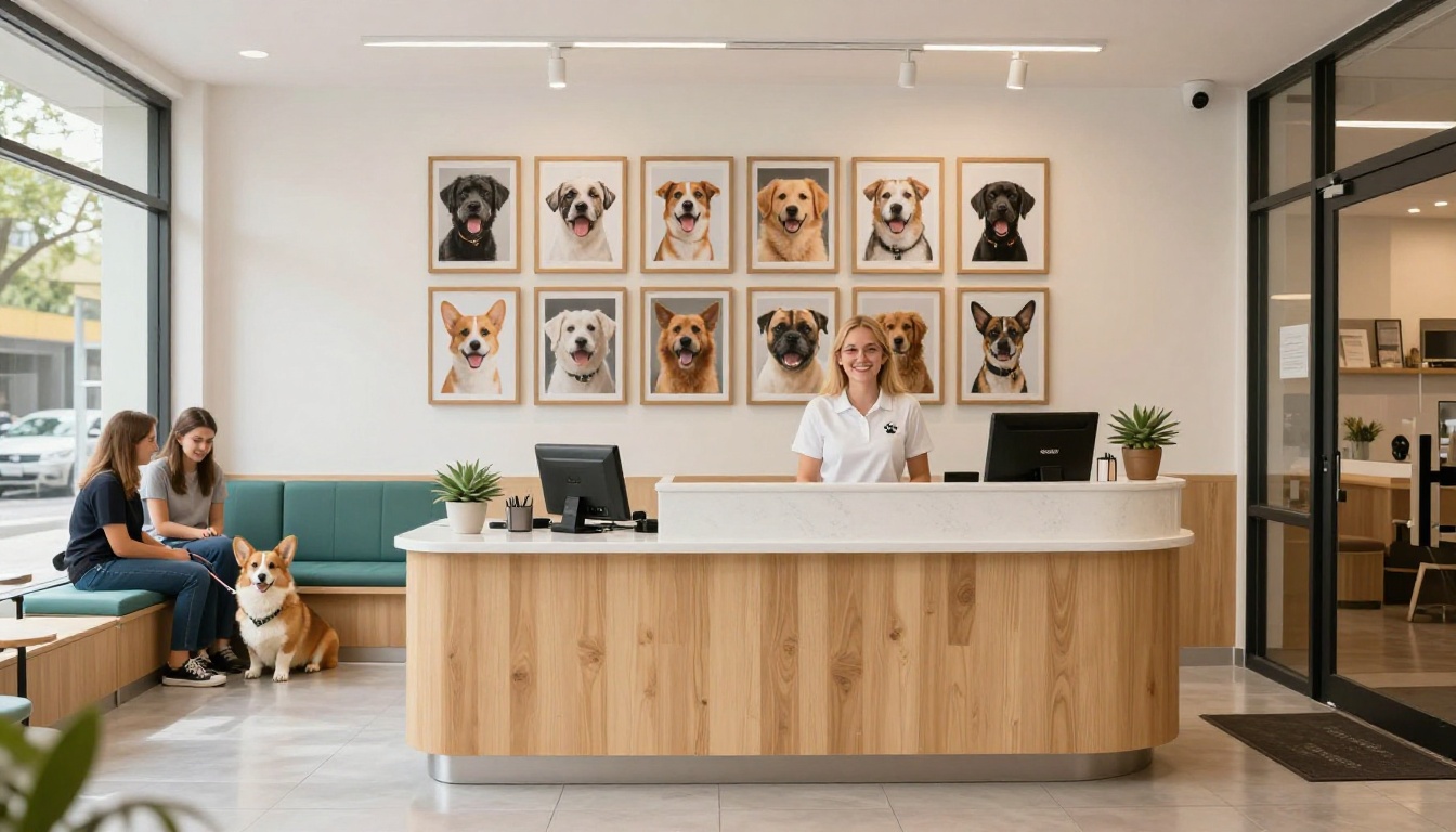 Modern pet salon reception area with waiting clients and warm lighting