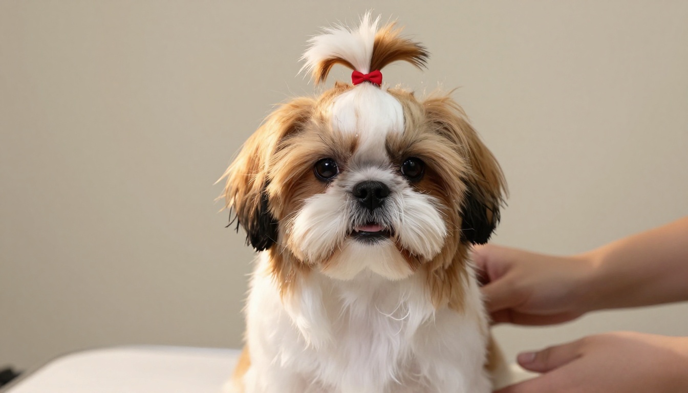 Perfectly groomed Shih Tzu with a red bow sitting on a white grooming table Perfectly groomed Shih Tzu with a red bow sitting on a white grooming table