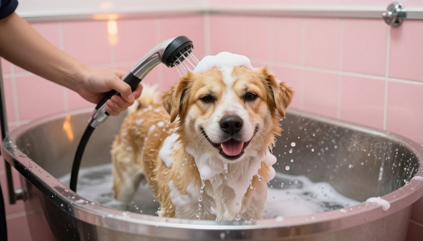 Happy mixed-breed dog being bathed in a professional grooming tub with water droplets frozen in motion Happy mixed-breed dog being bathed in a professional grooming tub with water droplets frozen in motion
