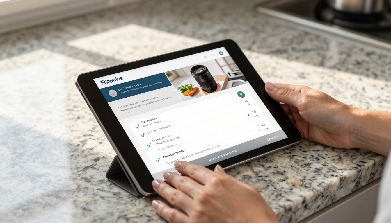 Professional cleaner's hands holding tablet showing digital flipbook service brochure on granite countertop Professional cleaner's hands holding tablet showing digital flipbook service brochure on granite countertop