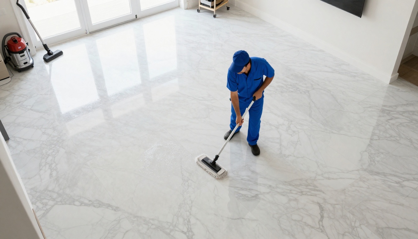 Aerial view of professional cleaner in blue uniform mopping bright living room with white marble floors