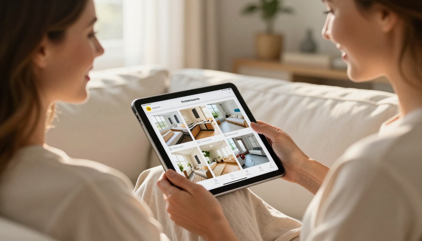 Satisfied homeowner sitting on white sofa scrolling through cleaning service flipbook on iPad Satisfied homeowner sitting on white sofa scrolling through cleaning service flipbook on iPad
