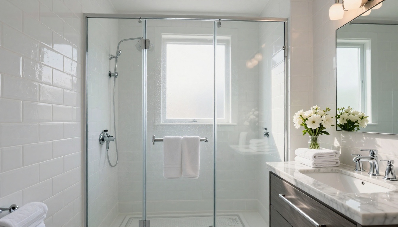 Perfectly cleaned modern bathroom with gleaming white tiles, chrome fixtures, and folded white towels
