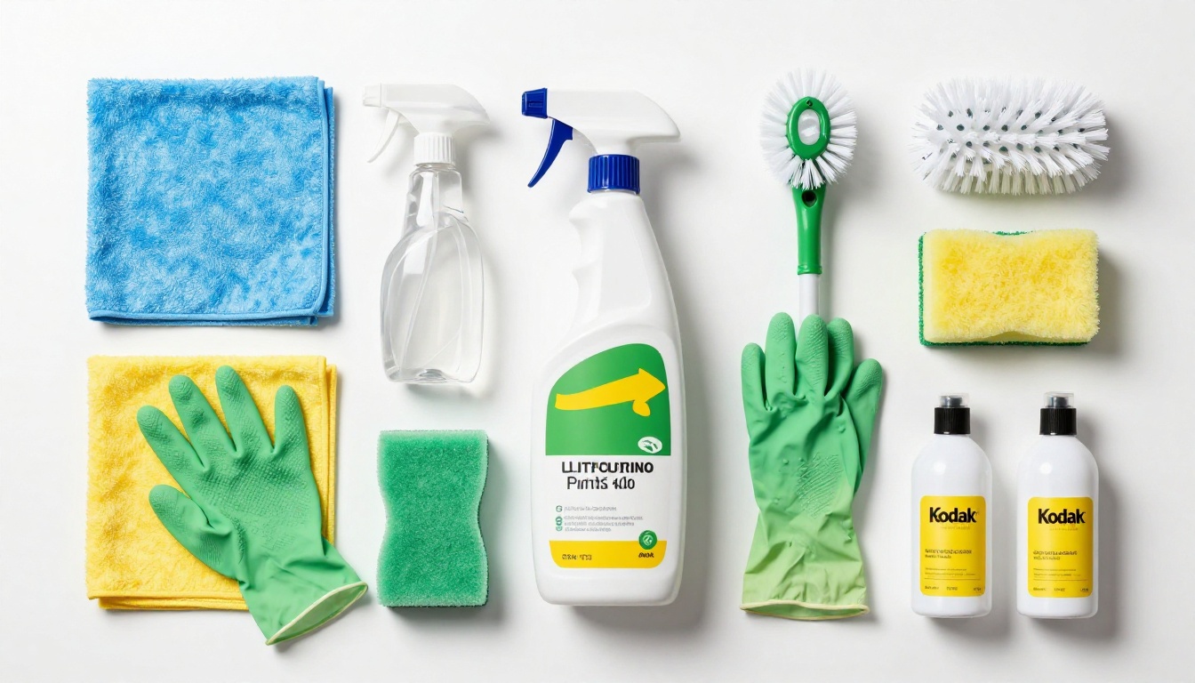 Professional cleaning supplies and equipment arranged in artistic flat-lay on white surface