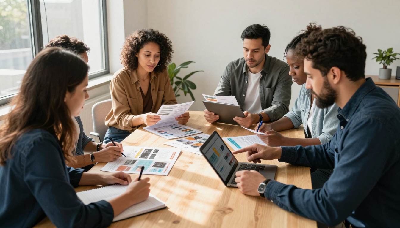 Cleaning business team gathered around conference table reviewing brochures and digital marketing materials Cleaning business team gathered around conference table reviewing brochures and digital marketing materials