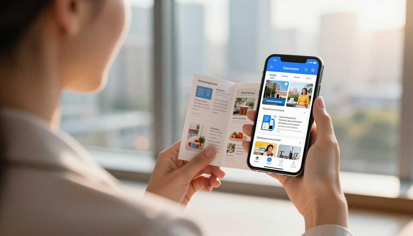 Woman holding smartphone showing interactive cleaning service flipbook with animated page-turn effect Woman holding smartphone showing interactive cleaning service flipbook with animated page-turn effect