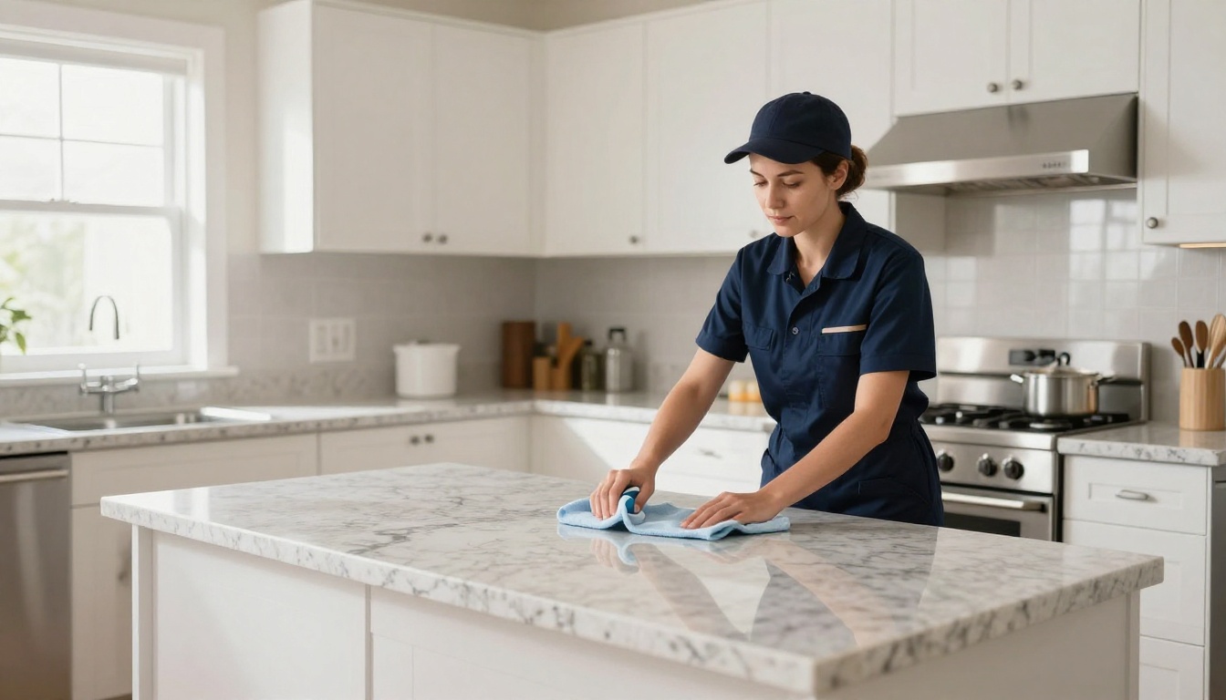 Professional female cleaner in navy uniform wiping kitchen countertop in bright modern kitchen