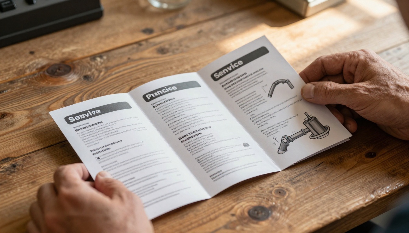 Plumber's hands spreading open a printed plumbing service brochure on a wooden desk