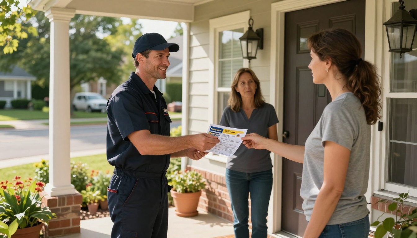A friendly plumber handing a brochure to a homeowner at a residential front door