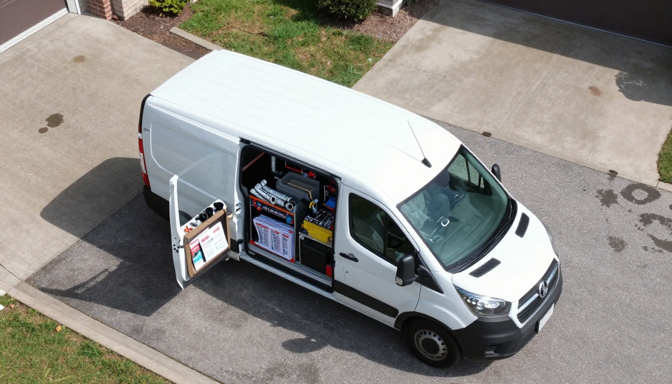 Aerial bird's-eye view of a plumbing service van with open side door showing organized tools and brochures