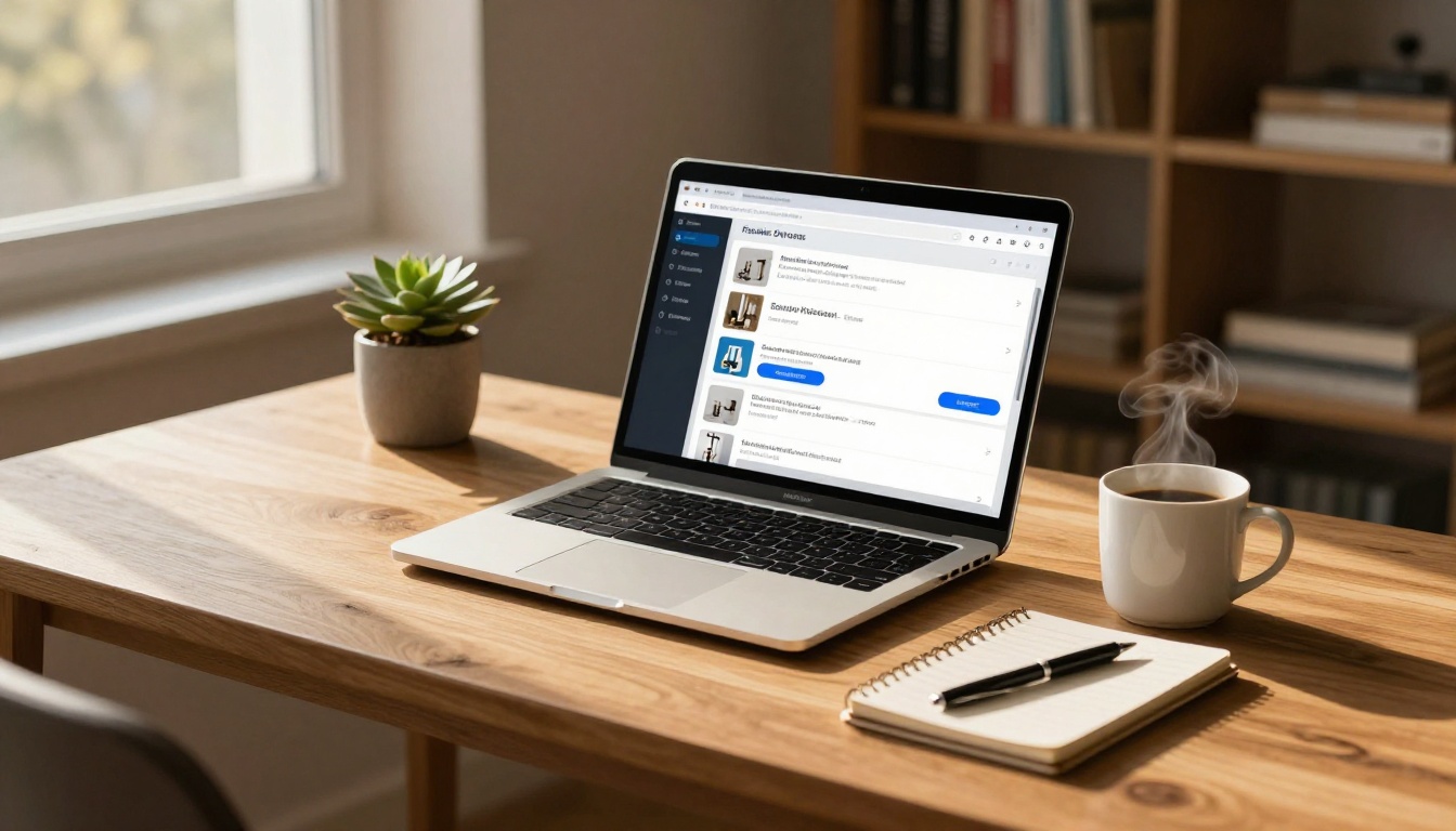 A modern home office desk with an open laptop displaying a digital plumbing flipbook and a coffee mug