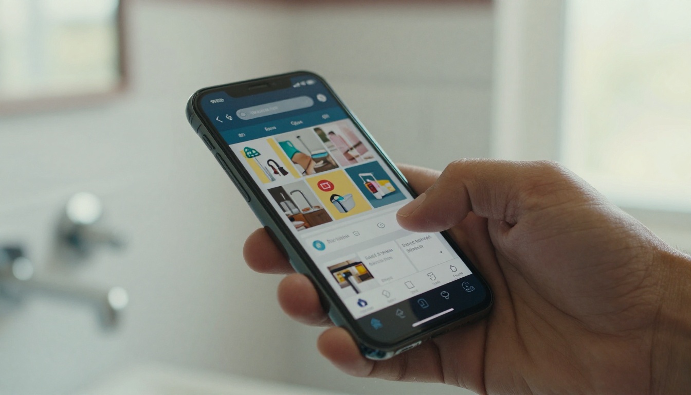 A man holding a smartphone displaying a plumbing service digital catalog in front of a bathroom tile background