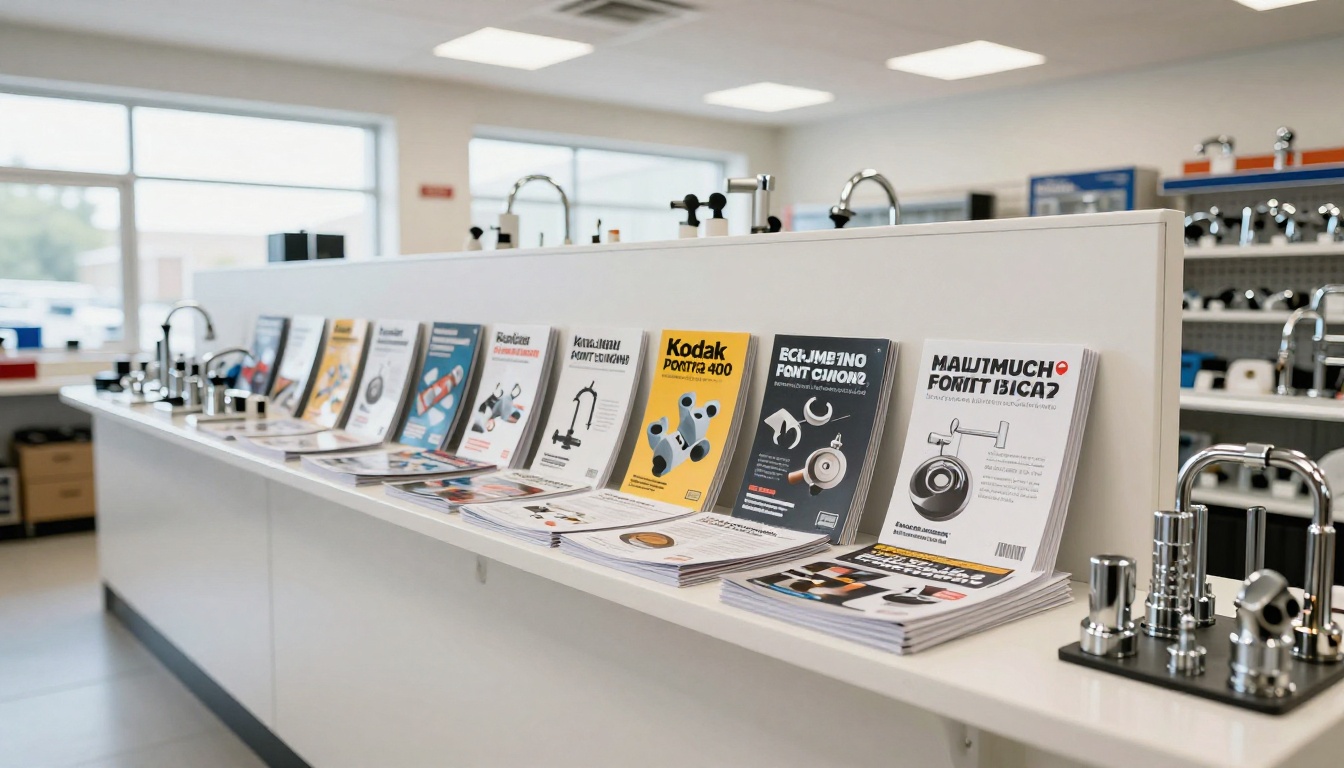 Interior of a plumbing supply showroom with brochures fanned out on a counter and chrome fixtures behind