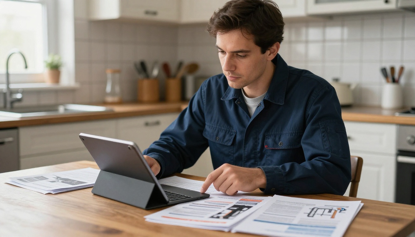 A small business owner plumber reviewing printed and digital marketing materials at a kitchen table