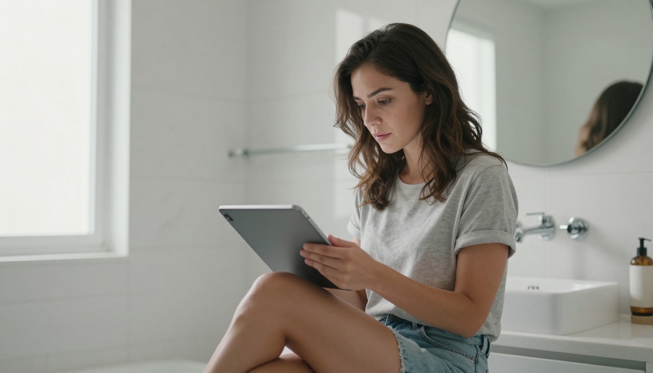 A female homeowner browsing a plumbing service digital catalog on a tablet in a modern bathroom