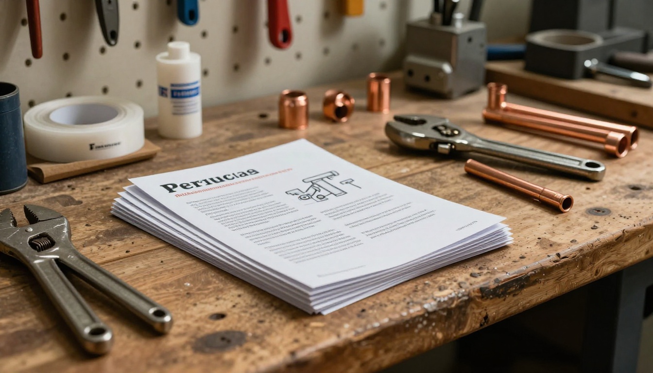 A stack of printed plumbing service brochures on a contractor's workbench beside professional tools and pipe fittings