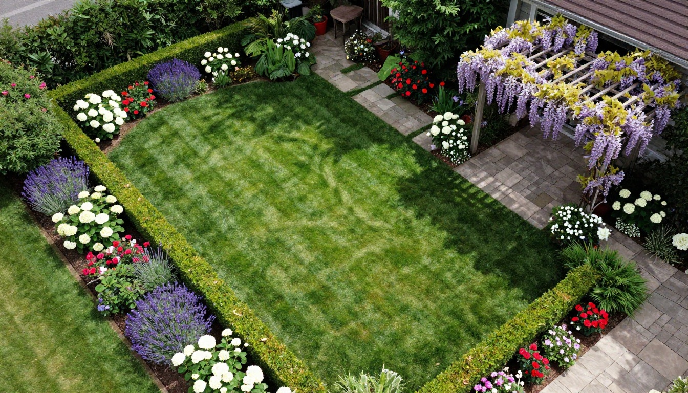 Aerial view of a beautifully manicured residential backyard with geometric hedge patterns and colorful flower borders Aerial view of a beautifully manicured residential backyard with geometric hedge patterns and colorful flower borders