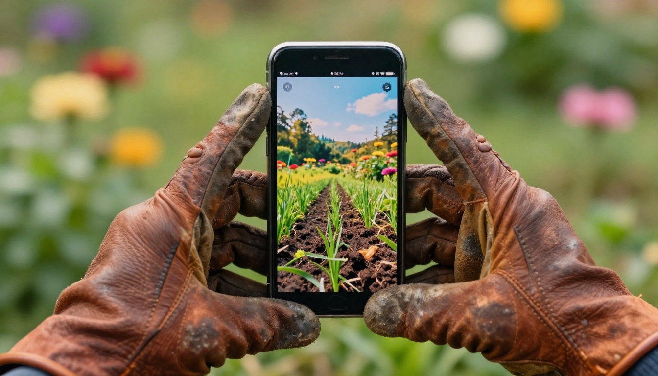 Landscaper holding smartphone with digital portfolio while standing on a freshly manicured lawn Landscaper holding smartphone with digital portfolio while standing on a freshly manicured lawn