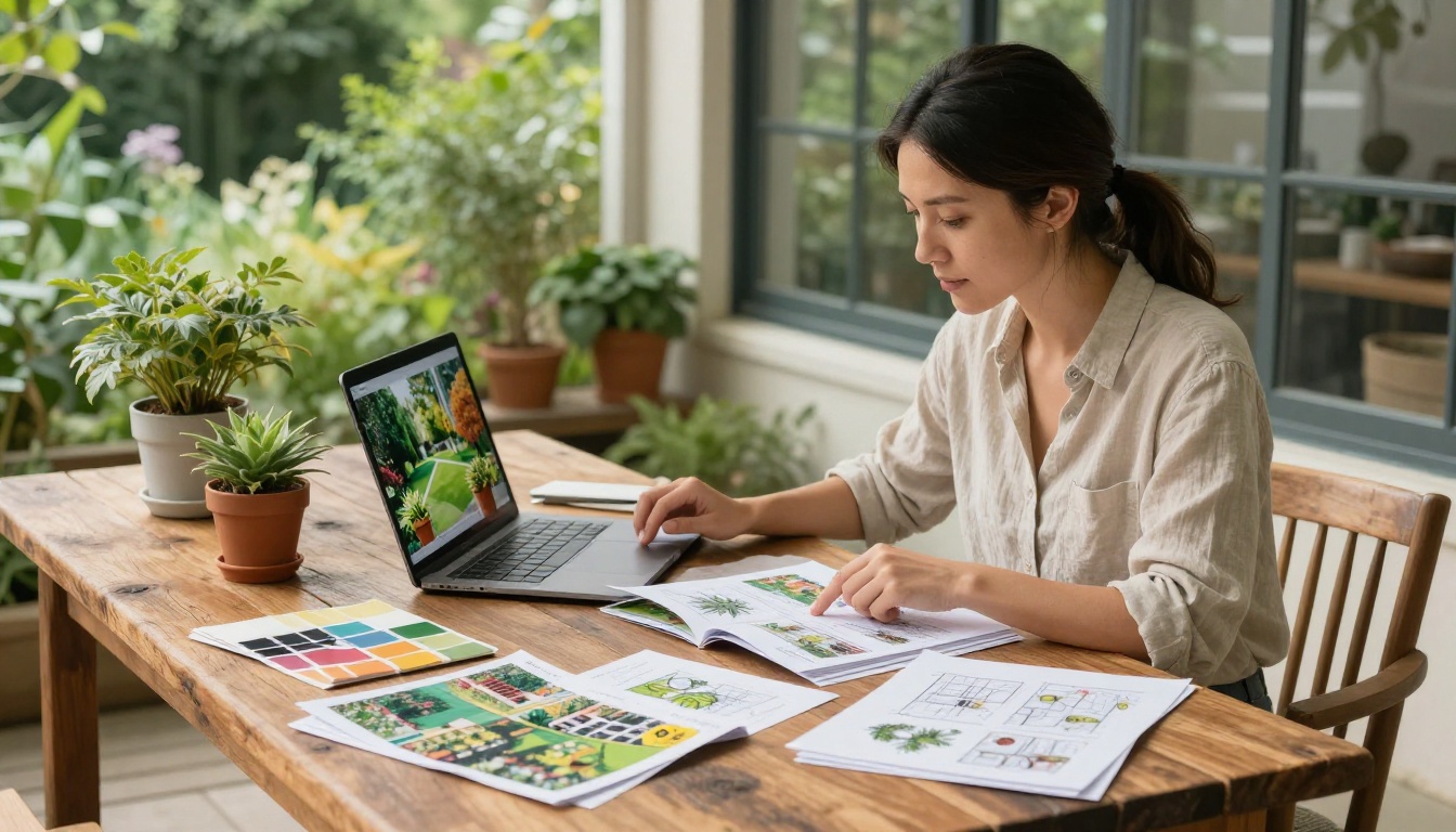 Female landscape designer reviewing flipbook on laptop alongside plant samples at an outdoor table Female landscape designer reviewing flipbook on laptop alongside plant samples at an outdoor table