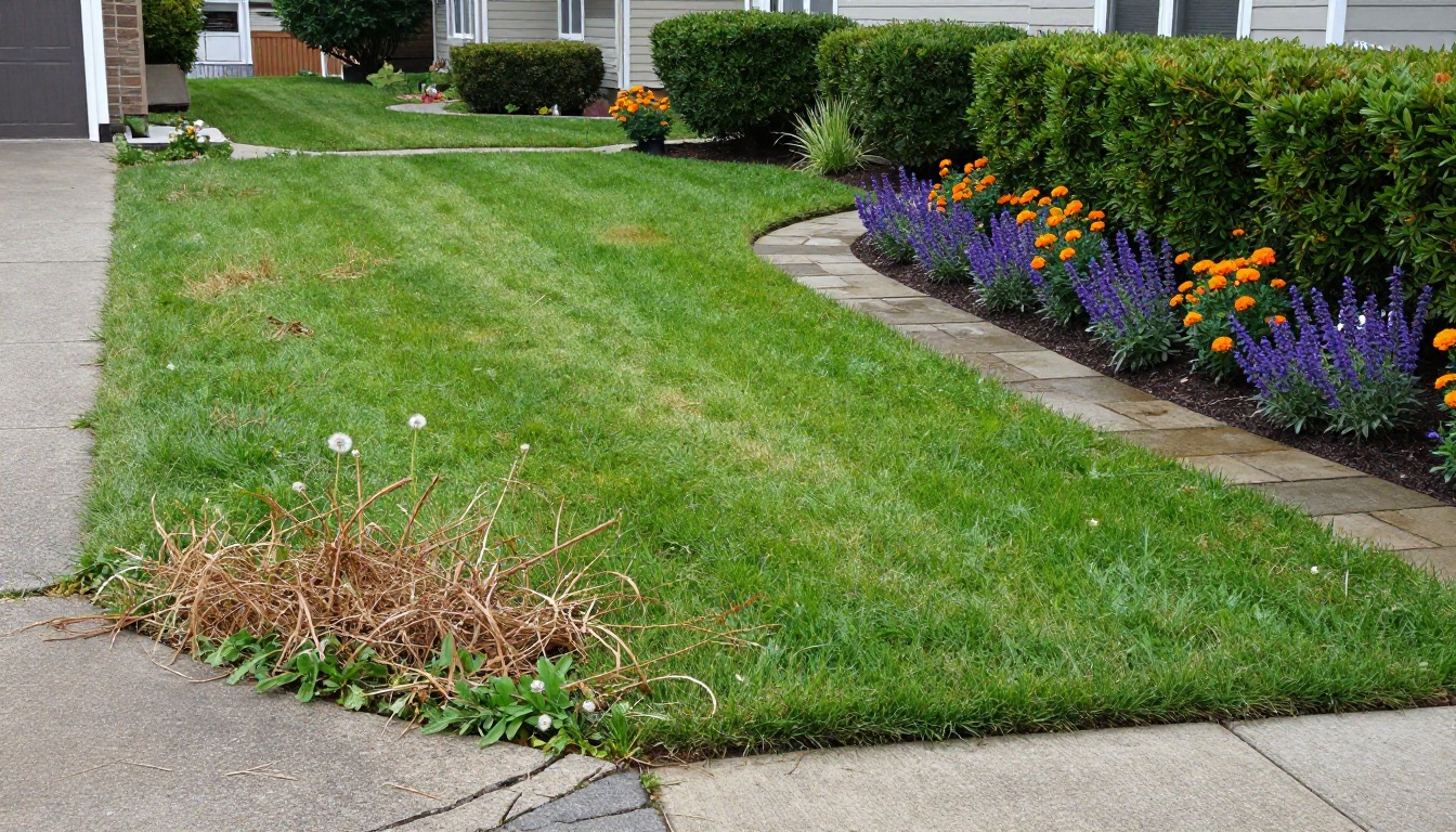 Before and after split view of residential front yard landscaping transformation from overgrown to manicured Before and after split view of residential front yard landscaping transformation from overgrown to manicured
