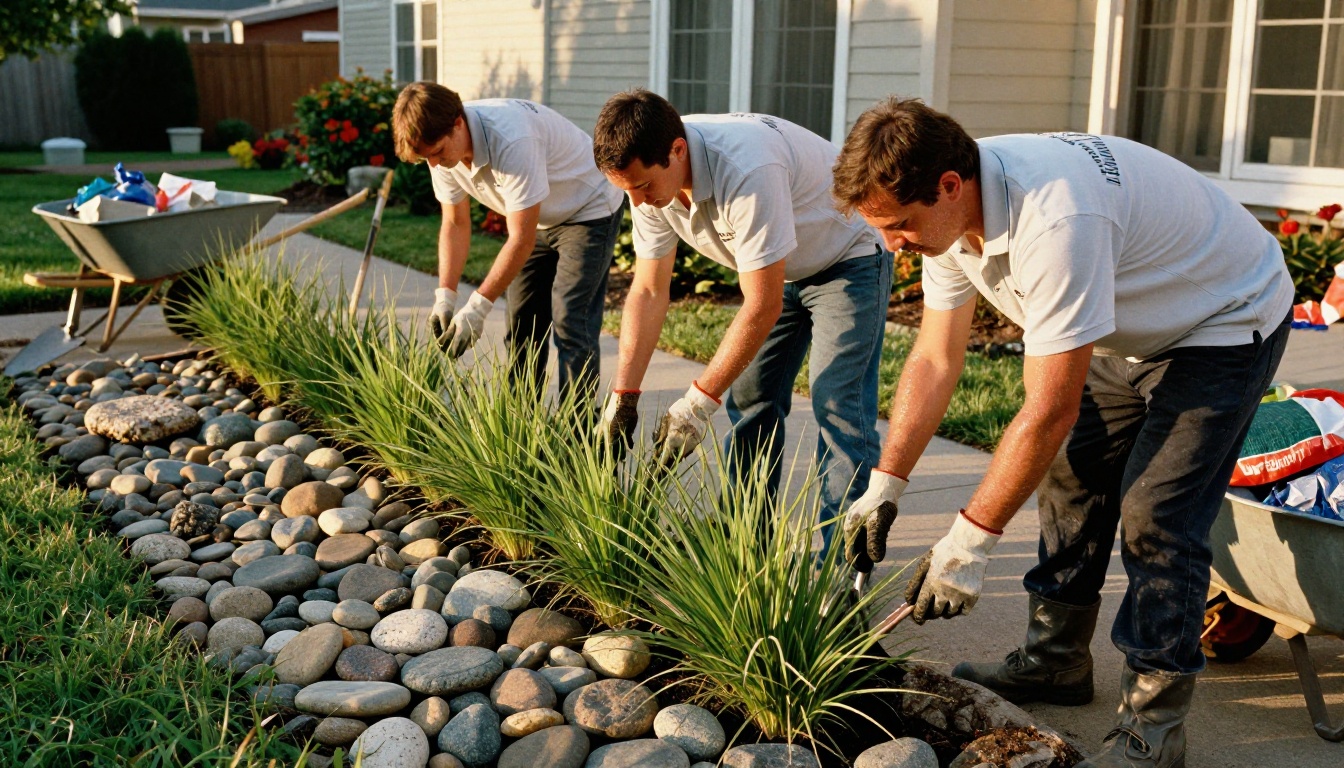 Landscaping crew installing river rocks and ornamental grasses along a residential garden border Landscaping crew installing river rocks and ornamental grasses along a residential garden border