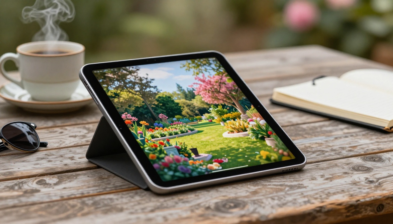 iPad on outdoor teak table showing digital flipbook portfolio open mid page-turn