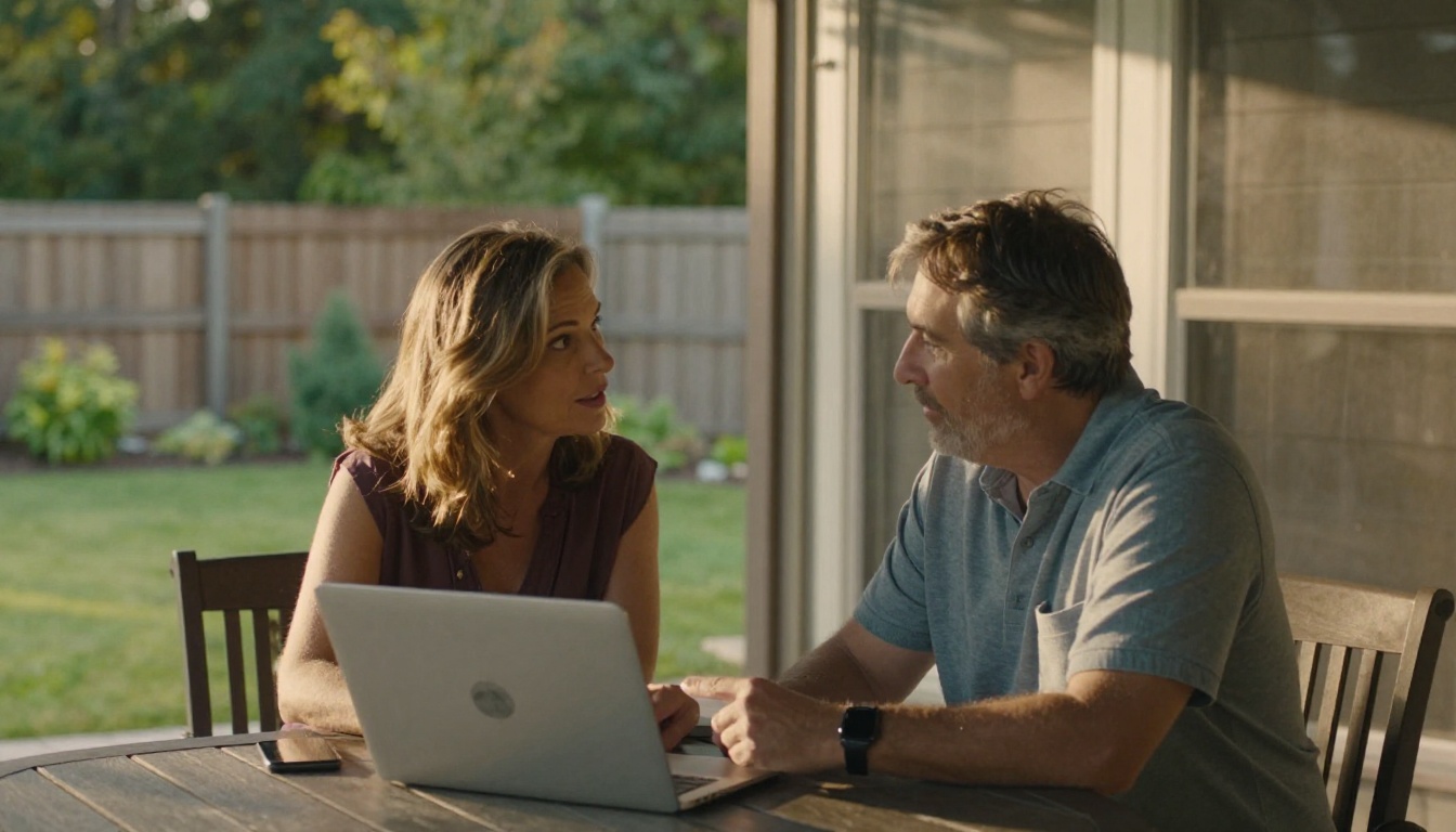 Homeowner couple browsing a landscaping portfolio on laptop at their back porch